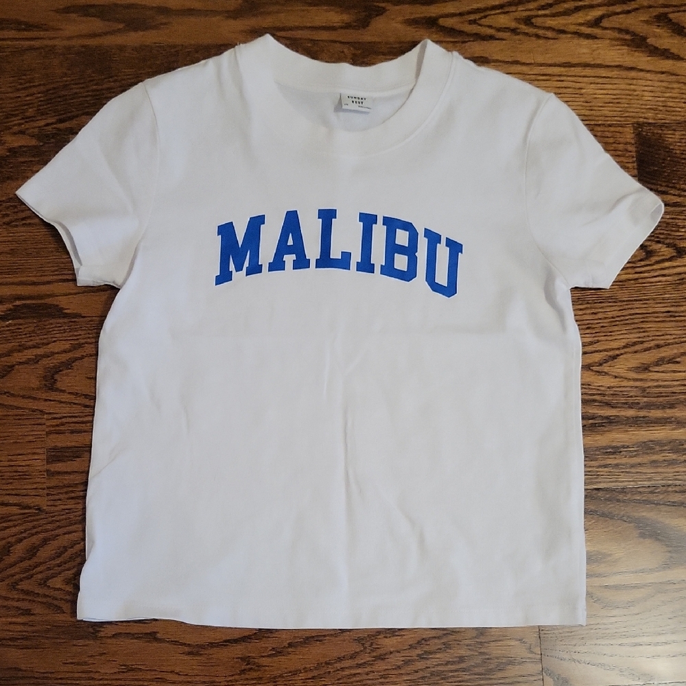Sunday Best White Tee with Blue "MALIBU" Print